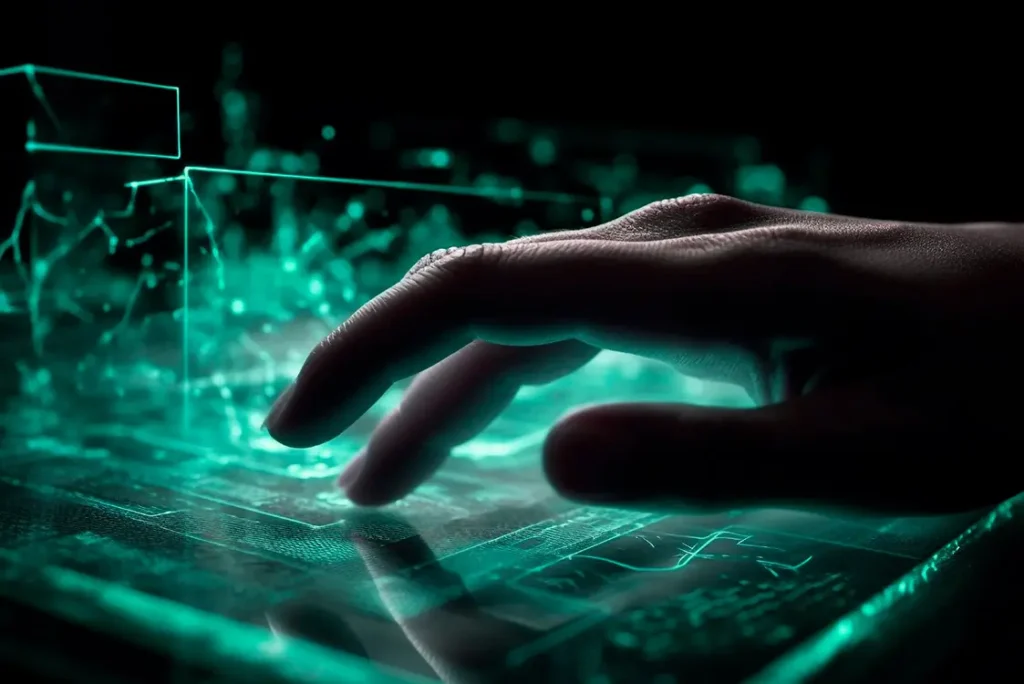 Mão sobre dispositivo touch, altamente tecnológico, envolto de uma áurea verde com algoritmos