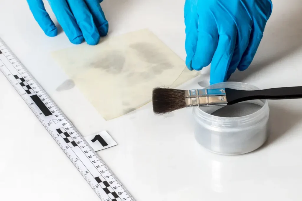 Provas periciais sendo manipuladas por mãos de luvas de latex